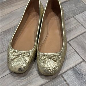 Tory Burch Gold Textured Flats with Bow Detail